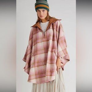 Free People Woodstock Brushed Plaid Poncho - Pink and Tan